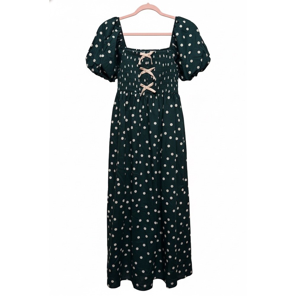 idem ditto Dress Womens Size S Dark Green Polka Dot Smocked Midi Puff - Picture 2 of 5